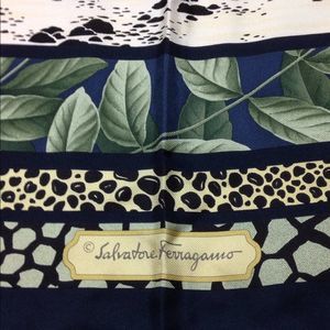 Salvador Ferragamo silk scarf blue boarder with hibiscus and lilies animal print